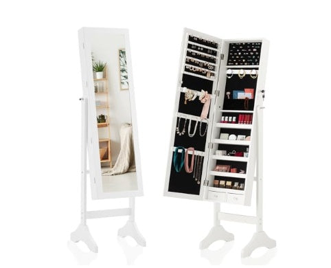 White full-length jewelry organizer with standing mirror and multiple velvet-lined storage sections