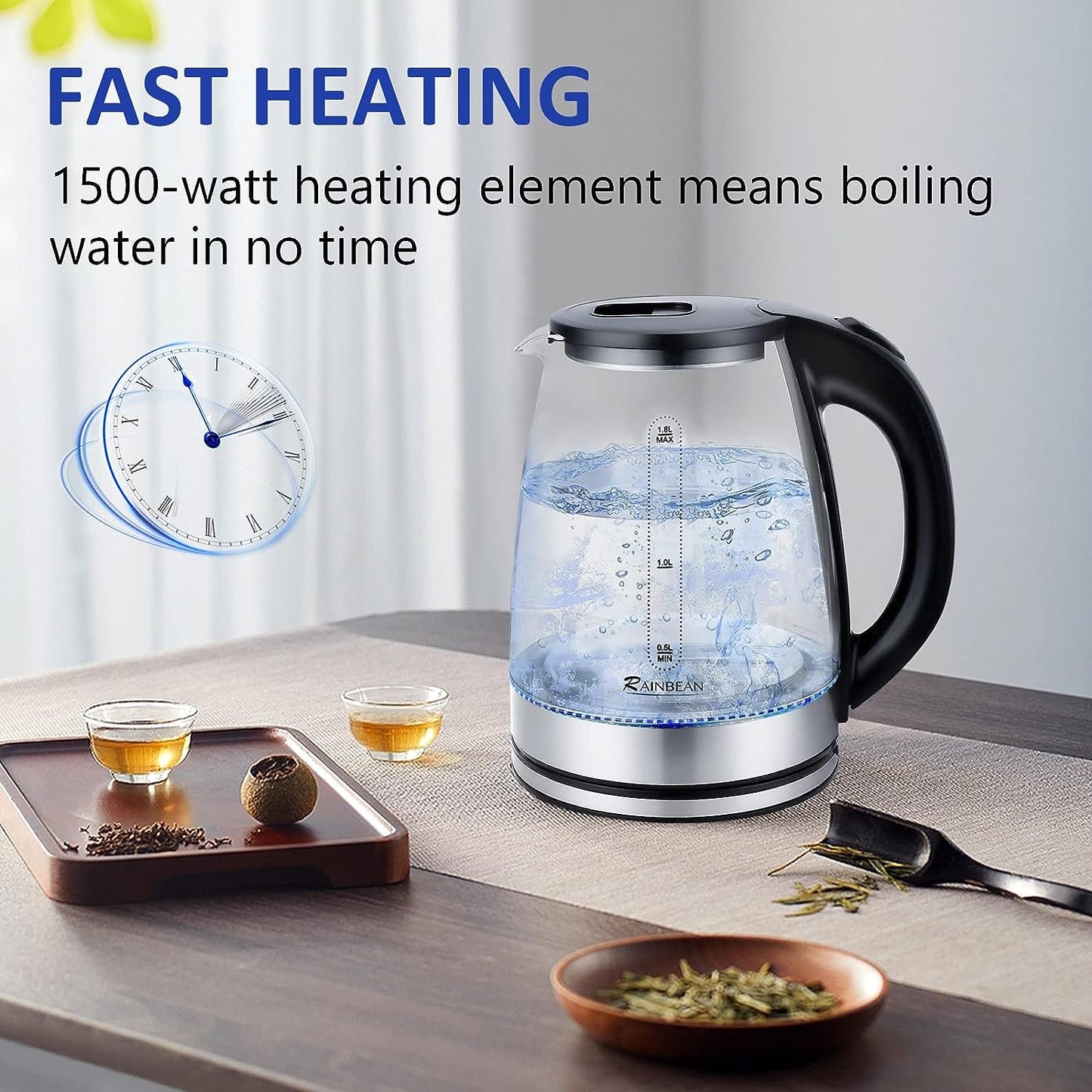 Electric Glass Kettle 1.8L – LED Light, Auto Shut-Off, Boil-Dry Protection
