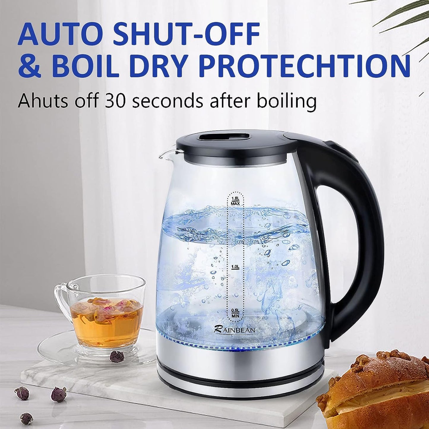 Electric Glass Kettle 1.8L – LED Light, Auto Shut-Off, Boil-Dry Protection