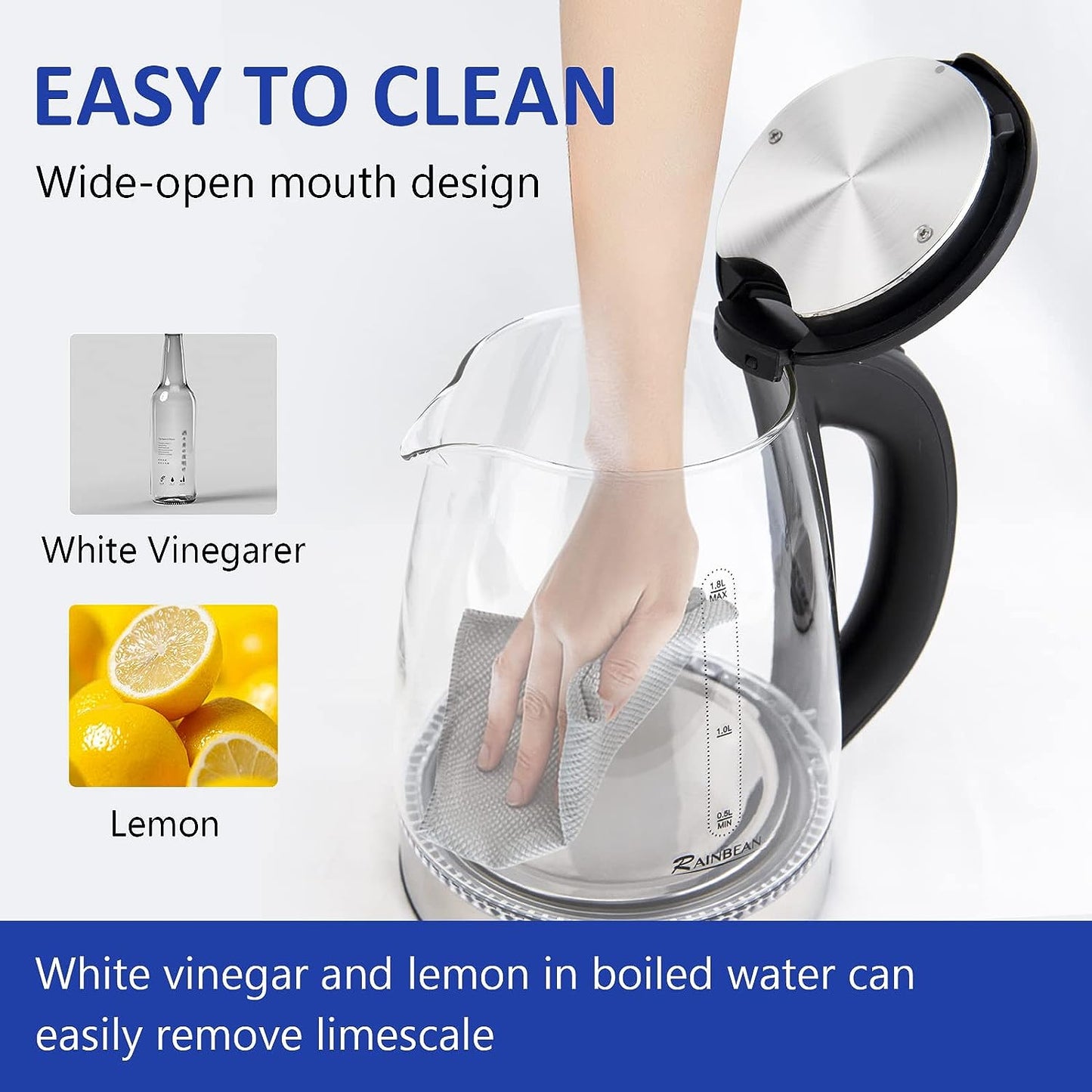 Electric Glass Kettle 1.8L – LED Light, Auto Shut-Off, Boil-Dry Protection