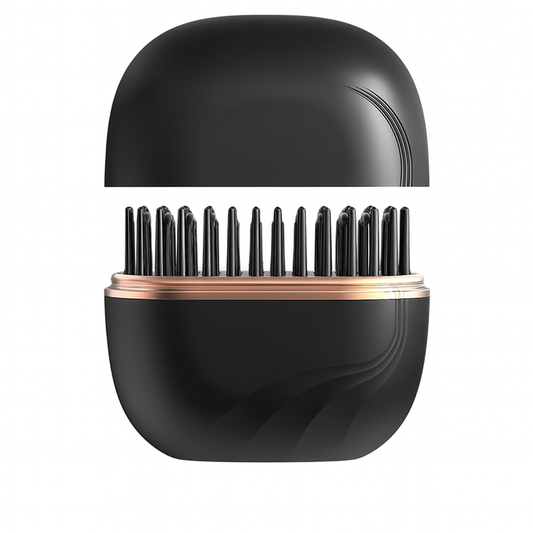 Black mini hair straightening comb shown in an open view with anti-scald comb teeth on a clean white background