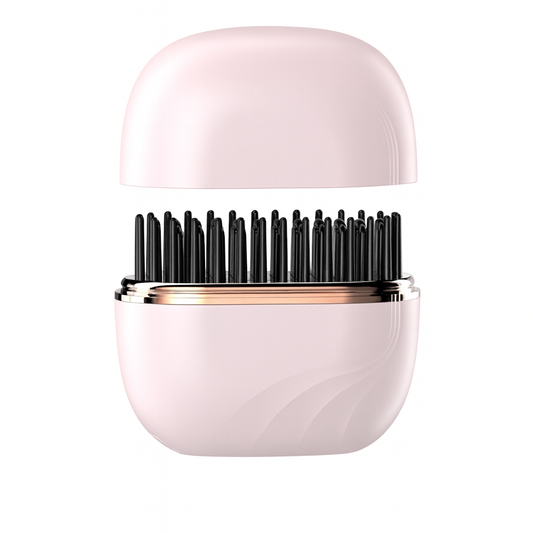 Pink mini hair straightening comb shown in an open view with black anti-scald comb teeth on a clean white background