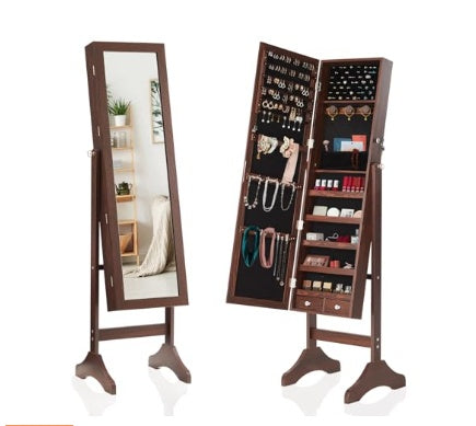 Brown full-length jewelry organizer with standing mirror and velvet-lined storage compartments